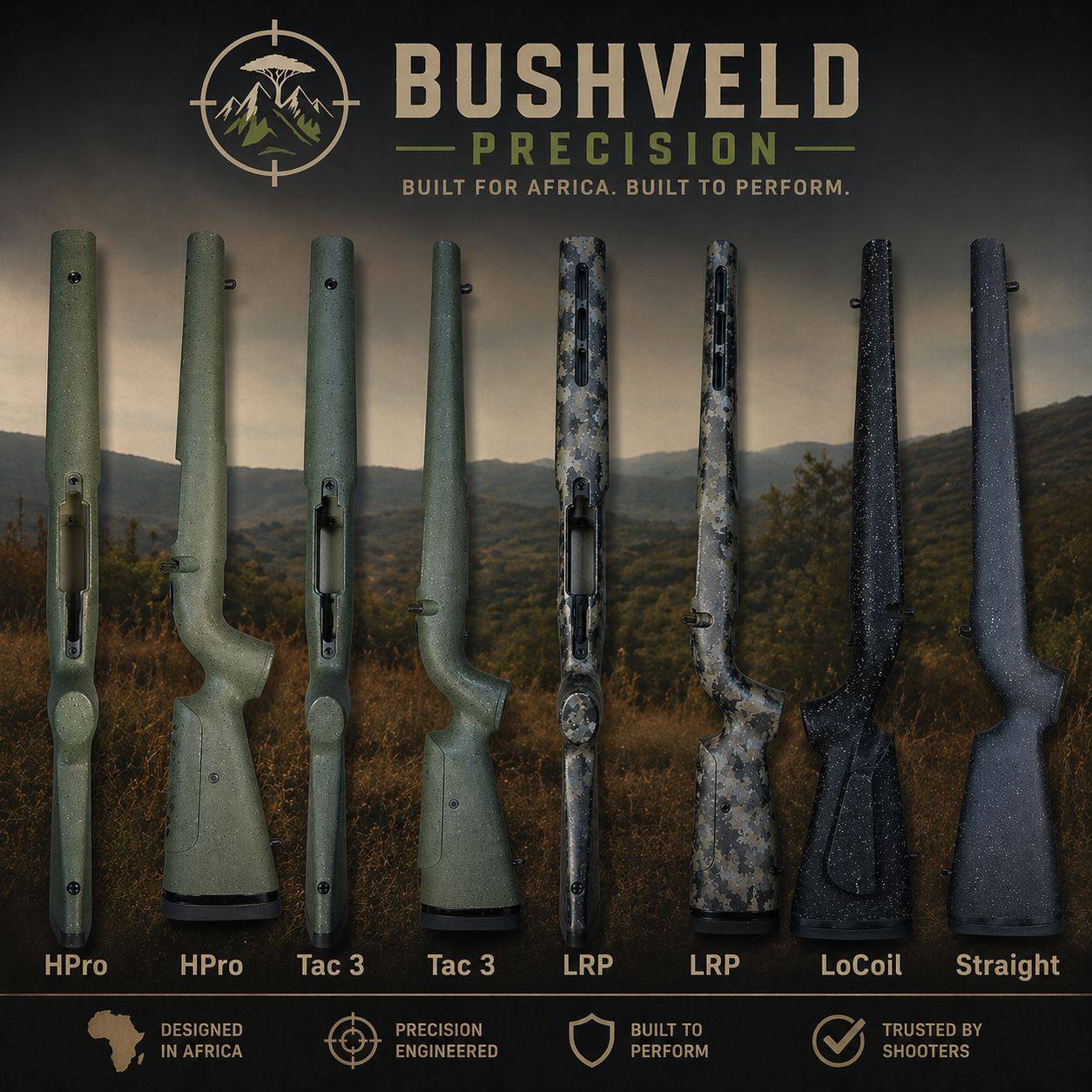 Bushveld Precision rifle stocks lineup including HPro